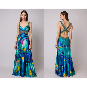 Aspeed Y2K VTG Sequin Bead Satin Flowy Dress Blue Backless XL Prom Formal Fairy